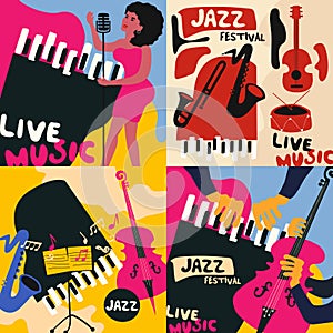 Set of music cards and banners. Music cards with instruments flat vector illustration. Jazz music festival banners. Colorful jazz