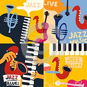 Set of music cards and banners. Music cards with instruments flat vector illustration. Jazz music festival banners. Colorful jazz