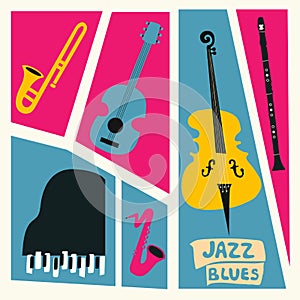 Jazz music festival poster with music instruments. Saxophone, trumpet, guitar, violoncello, piano and clarinet flat vector illustr