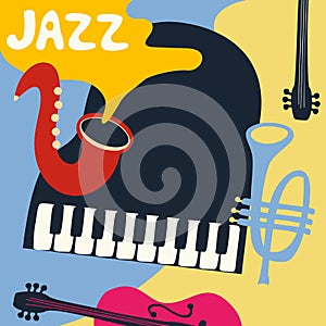 Jazz music festival poster with music instruments. Saxophone, piano, violoncello and trumpet flat vector illustration. Jazz concer photo