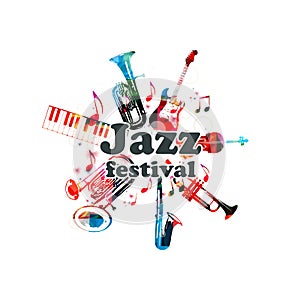 Music poster for jazz festival with music instruments. Colorful euphonium, piano keyboard, double bell euphonium, saxophone, trump