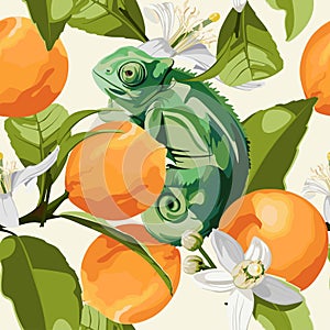 Chameleon, orange fruits with leaves and flowers, seamless pattern.