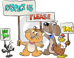 Cartoon animals holding banners in their hands defending animal rights vector illustration photo