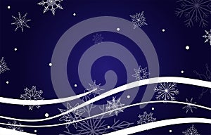 Christmas and New Year horizontal banner. White snowflakes ans waves on deep blue background.