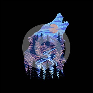 Vector drawing of wolf forest landscape