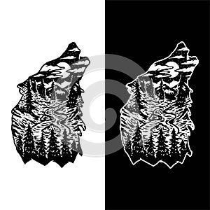 Vector drawing of wolf forest landscape