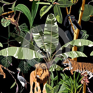 Vintage tropical tree, palm tree, lion tiger animal, floral seamless patternn on black background. photo