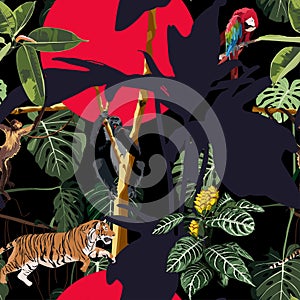 Vintage tropical tree, palm tree,  tiger animal and parot bird, floral seamless patternn on black background. photo