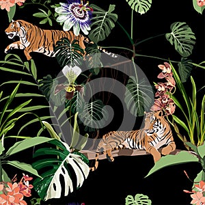 Vintage tropical tree, palm tree,  tiger animal and flowers, floral seamless patternn on black background. photo