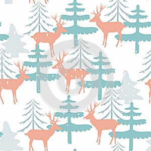 Semless pattern with silhouttes of deer. Forest repeated texture with elegant animals and fir-trees. Natural background. photo