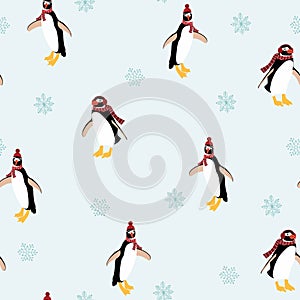 Seamless pattern with cute pinguins with snow and stars on blue background. photo