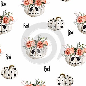 Halloween pattern with skary pumpkin and roses. White background.