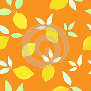 Bright flat yellow lemons with light green leaves on orange background. Seamless summer food pattern.