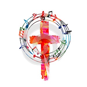 Colorful christian cross with music notes isolated vector illustration. Religion themed background. Design for gospel church music photo