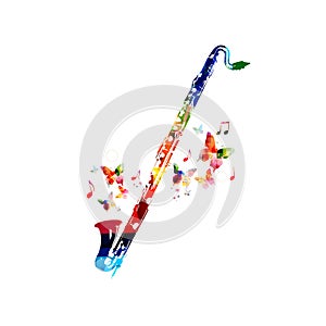 Colorful cassical bass clarinet with music notes isolated. Music instrument background vector illustration. Design for poster, bro