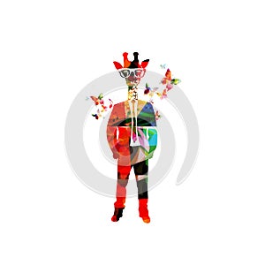 Colorful giraffe hipster vector illustration with butterflies Giraffe head man design for dressed up animals, fashion animals, hip