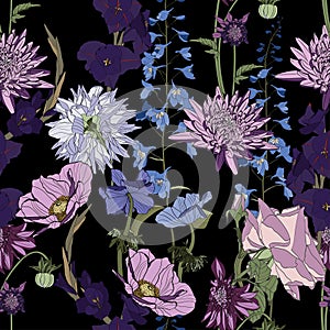 Seamless patterns with dahlia, delphinium, gladiolus flowers and leaves in violet and blue colors on black background.