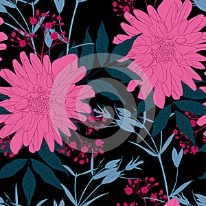 Floral seamless pattern with hand drawn Dahlia flowers. Bright floral background in pinc fucsia blue colors. photo