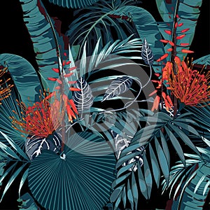 Tropical protea flowers seamless pattern with blue leaves. Exotic tropical night rainforest illustration.