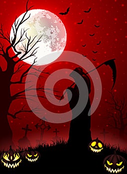 Halloween grim reaper holding scythe with pumpkins