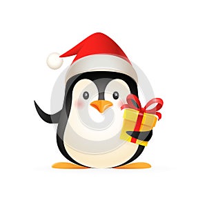 Cute penguin with Santas hat and gift - vector illustration isolated on white background photo