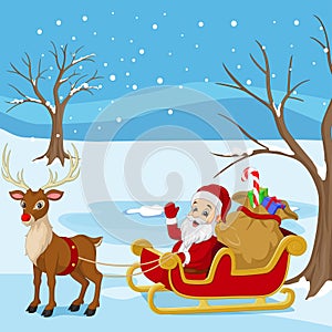 Cartoon Santa Claus rides in sleigh carrying a sack of gifts with reindeer