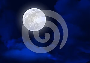 Vector Full Moon in Dark Cloudy Blue Night Sky