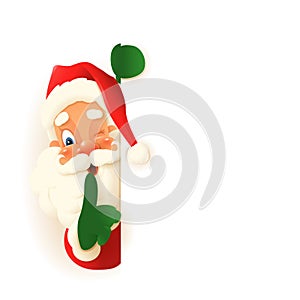 Cute Santa Claus peeking on left side of board, saying hush be quiet with finger on lips shhh gesture - vector illustration isolat photo