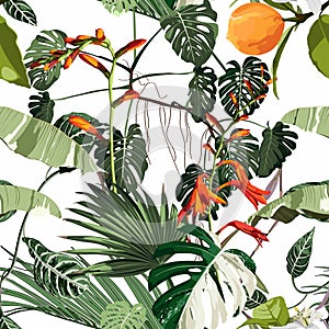 Tropical beautiful flowers pretty pattern. Seamless cute orange flowers and tropical palm leaves background.