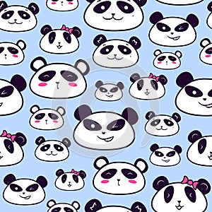 Panda heads seamless pattern for kids clothing. Repetitive background with black and white asian bears with pink ribbons