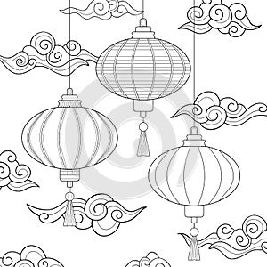 Line drawn Asian lanterns with simple geometric patterns, decorative clouds and sky on white isolate background.