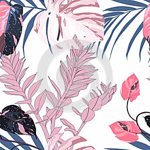 Fashionable seamless tropical pattern with tropical blue pink leaves on a white background. Beautiful exotic plants.