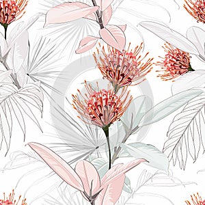 Seamless tropical protea flowers and Ficus Elastica pattern with golden leaves on light background.