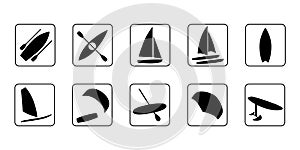 Watersports icons set.   Extreme kinds of sports signs and symbols collection. photo
