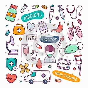 Medical and healthcare doodles hand drawn icon set vector illustration