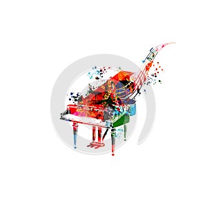 Music promotional poster with multicolored piano and musical notes isolated vector illustration. Colorful musical background with