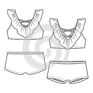 Girls Frill Bikini fashion flat sketch template. Technical Fashion Illustration. Short Bikini Bottom