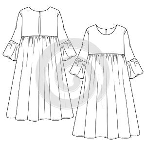 Women Long Dress fashion flat sketch template. Technical Fashion Illustration. Circular Flounce sleeve detail. photo