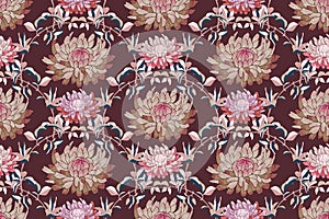 Art floral vector seamless pattern. Autumn aster flowers, chrysanthemums isolated on a maroon background.