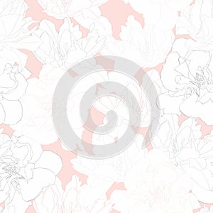 Seamless vintage pattern with pastel colors tulips line silhouette on pink background.