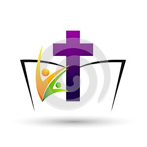 Cross with bible church people union care love logo design icon on white background