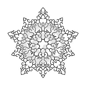 Decorative star mandala with simple swirls and vintage elements on white isolated background.