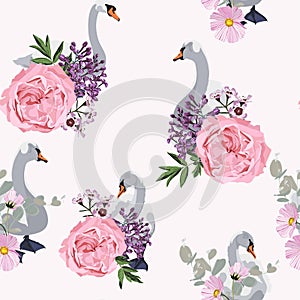 Beautiful seamless pattern with white swans and pink roses, violet lilac and leves spring flowers illustration. photo