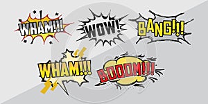 Comics cloud with Boom, Oops, Pow, Wow and Crush word. Vector comic sound effects in pop art style. Sound bubble speech with word
