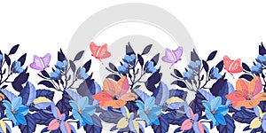 Vector floral seamless pattern, border. Blue. pink, coral color flowers, blue leaves, butterflies