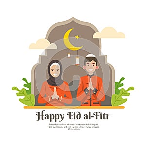 Vector illustration of a couple of Muslim men and women giving greetings to the Eid al-Fitr, with mosque decorations, lanterns, an