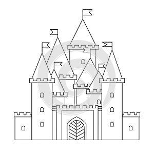 Line drawn fantasy castle on white isolated background. Towers with flags and small windows.