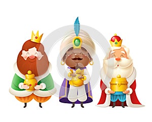 Cute Three Wise men with gifts celebrate Epiphany - Three kings Gaspar, Melchior and Balthazar vector illustration isolated on whi photo