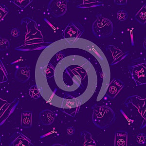 Violet seamless pattern with gradients and starry sky. Repeat background with witch hats, spell books, magic wands and pentagrams.