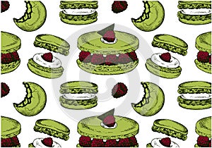 Sketch hand drawn pattern of green matcha tea macarons with raspberry isolated on white background.